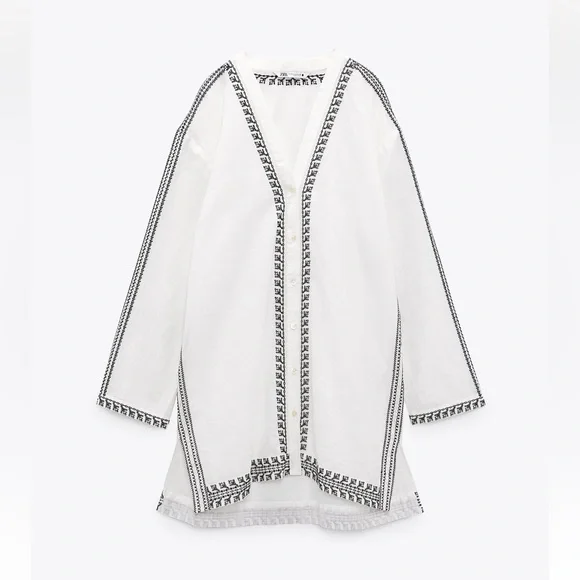 Zara EMBROIDERED TUNIC DRESS. Oyster White. Sizes L, XL. New with Tags. - Picture 6 of 9